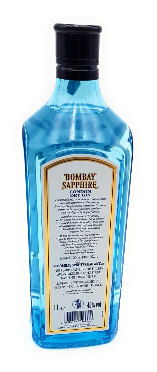 Bombay Sapphire Gin – blaue Flasche 1 Liter 40 %