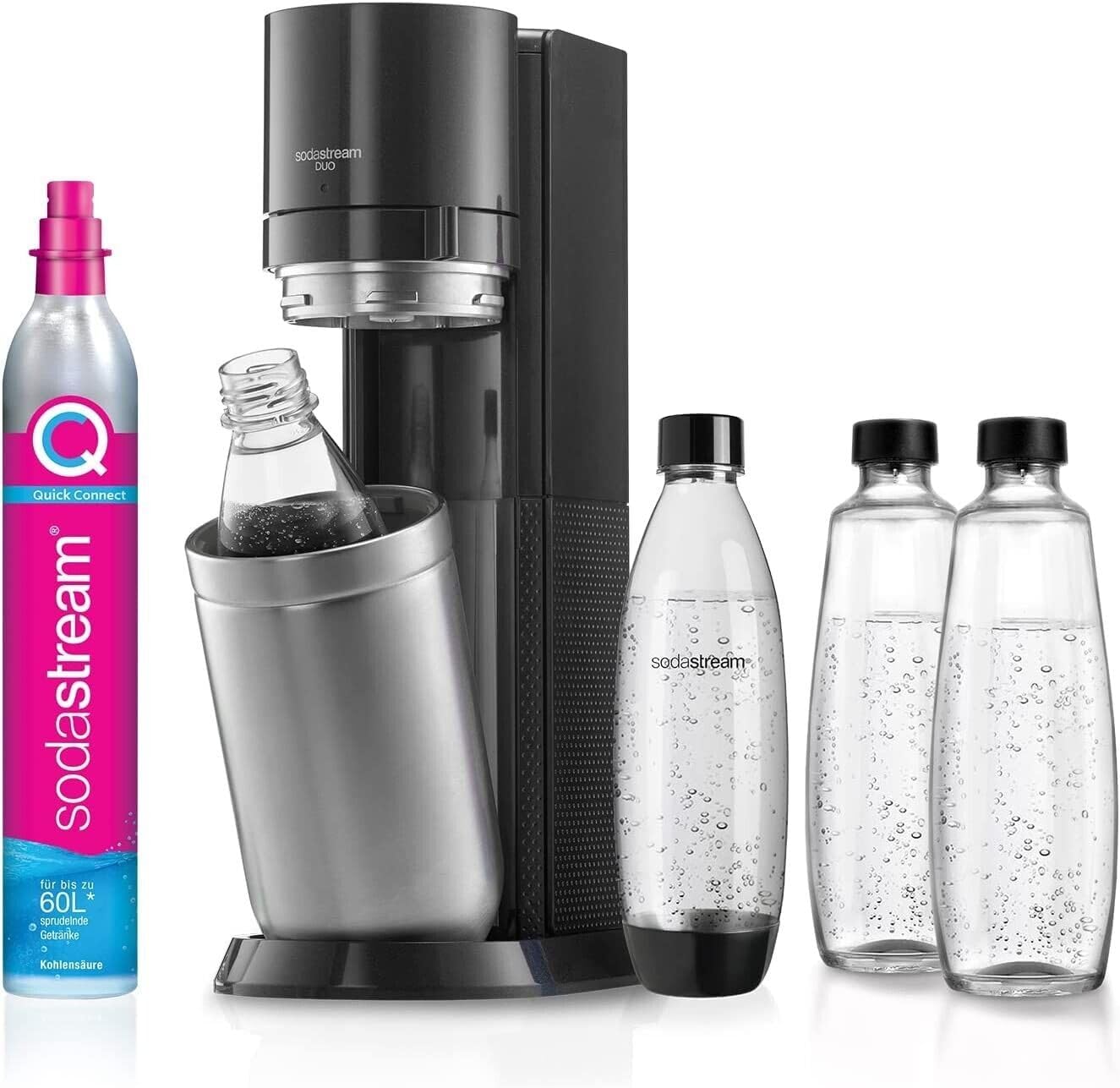 CO2-Zylinder, SodaStream Farbe: Titan, Höhe: 1L Haushalt und Glasflasche :: Wassersprudler 2x DUO spülmaschinenfeste Kunststoff-Flasche, 44cm, 2x 1L & mit Wohnen
