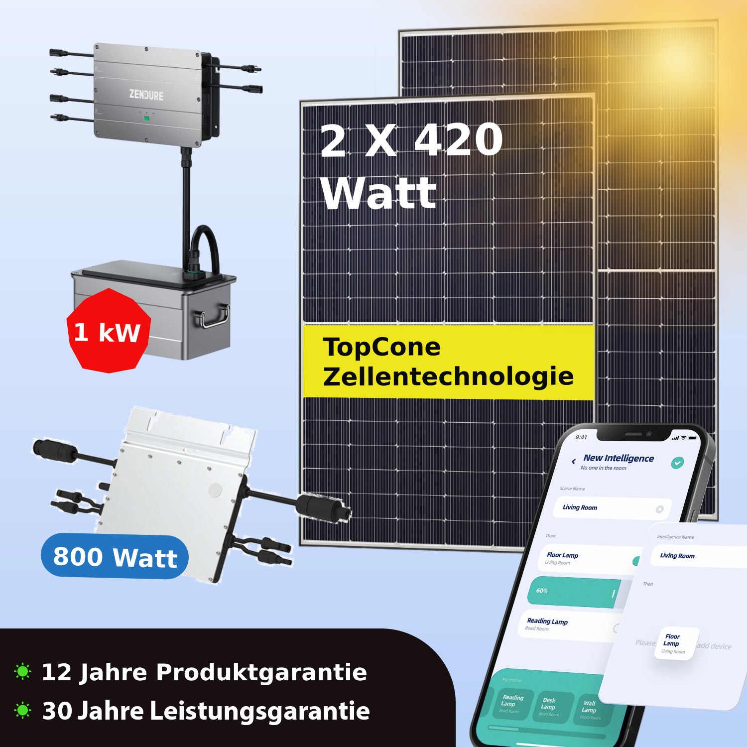 SolarDeals :: Balkonkraftwerk Set 840 Wp mit 1 kWh Speicher Zendure  SolarFlow, Hoymiles HM-800 Wechselrichter + Austa Solar Module.  Steckerfertig und kostenlos geliefert.