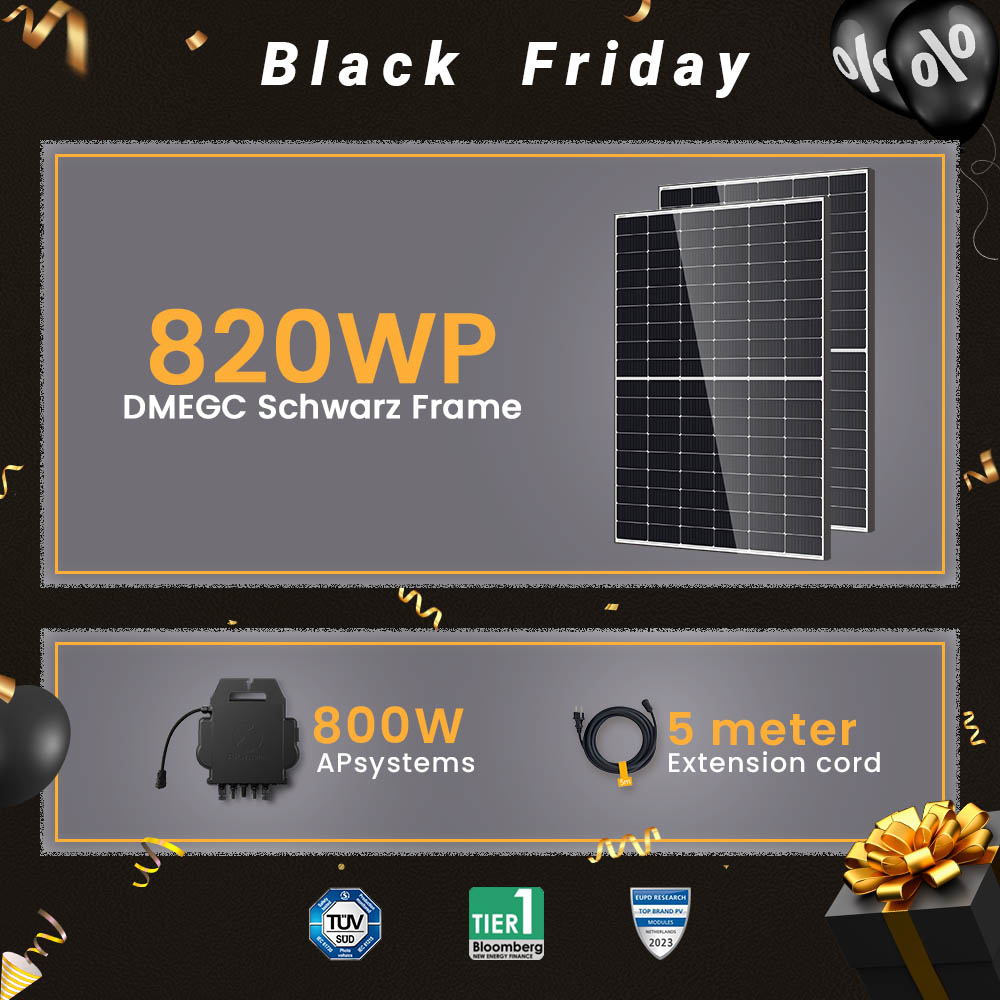 SolarDeals :: Balkonkraftwerk 820W DMEGC Full Schwarz Module/ 800W EZ1-M  APSYSTEMS Wechselrichter (auf 600W gedrosselt, wird automatisch auf 800W  freigeschaltet)