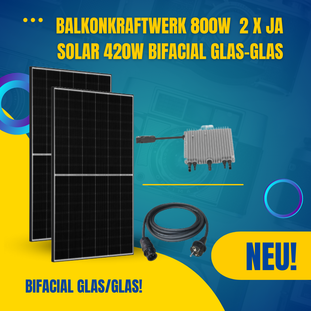 Balkonkraftwerk 800W 2 x JA-Solar 425W Bifacial Glas-Glas + Deye  SUN-M80G3-EU-Q0 Wechselrichter WLAN/Zigbee + AC Adapter-Stecker Solar  Photovoltaik